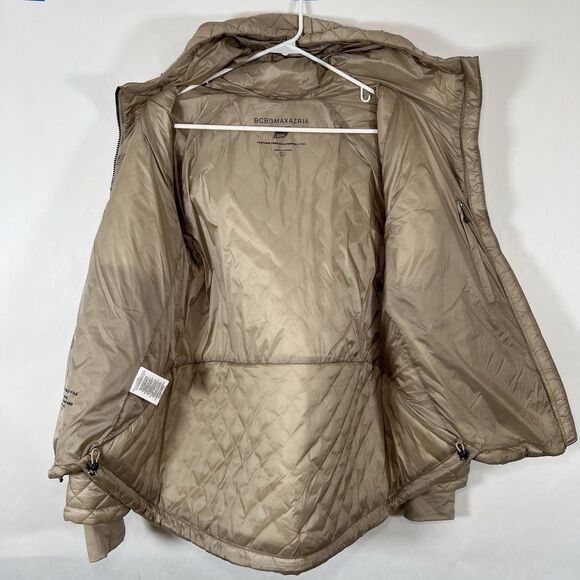 BCBG Maxazria Full Zip Quilted Puffer Jacket Womens Large Metallic Tan Hooded - Picture 8 of 16